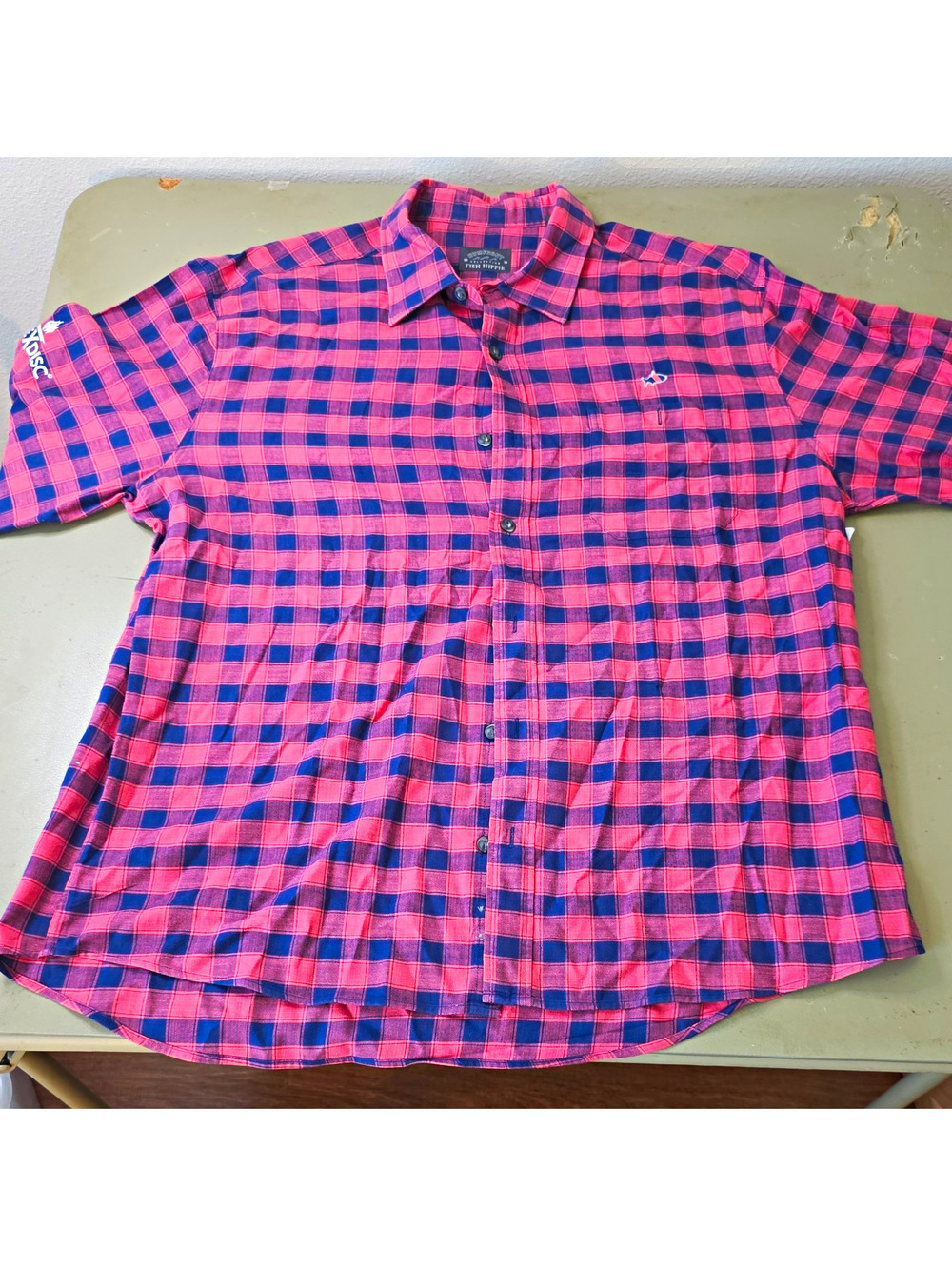 Fish Hippie Rumfront Collection Men's XL Red and Navy Plaid Button-Up Shirt